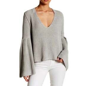 Free People Damsel Gray V-Neck Bell Sleeve Rib Knit Sweater